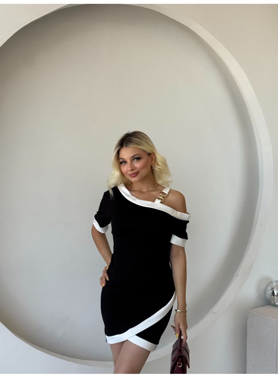 Kadın Kısa Kollu Asimetrik Kesim Yaka şerit Ve Aksesuar Detaylı Modal Elbise