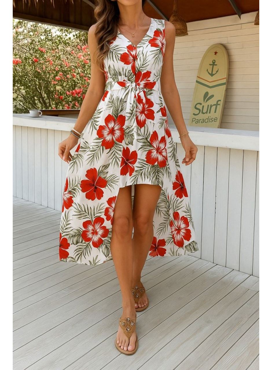 Kadın Kolsuz V Yakalı Desenli Süprem Tulum Elbise