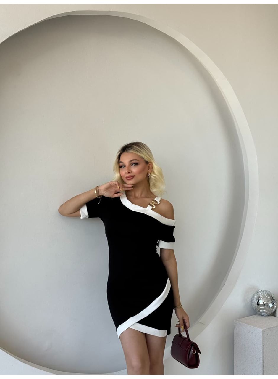 Kadın Kısa Kollu Asimetrik Kesim Yaka şerit Ve Aksesuar Detaylı Modal Elbise