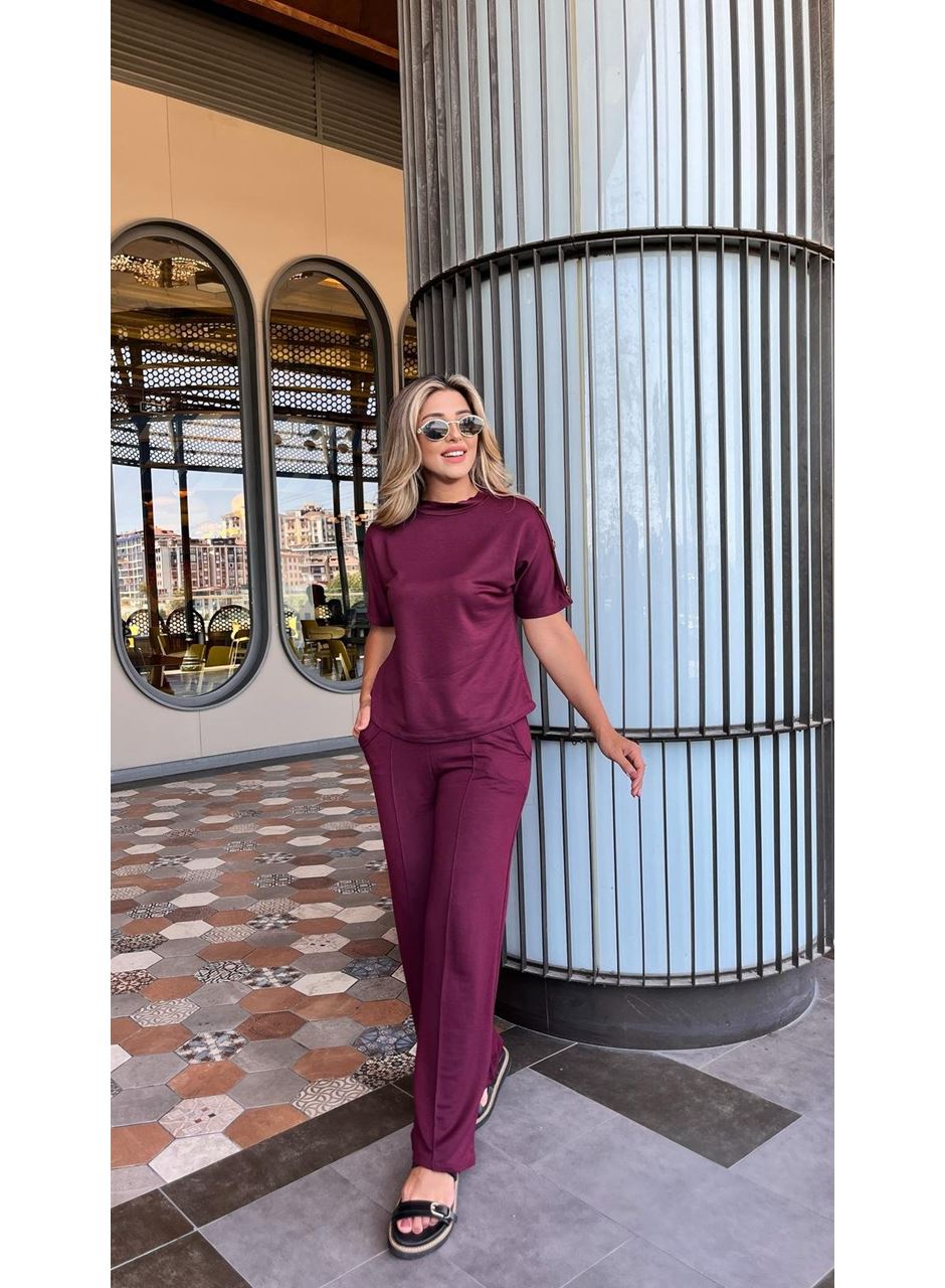 Kadın Kısa Kollu Bisiklet Yaka Omuzdan Düğmeli Viskon Iki Iplik Kısa Bluz Ve Pantolon Ikili Takım