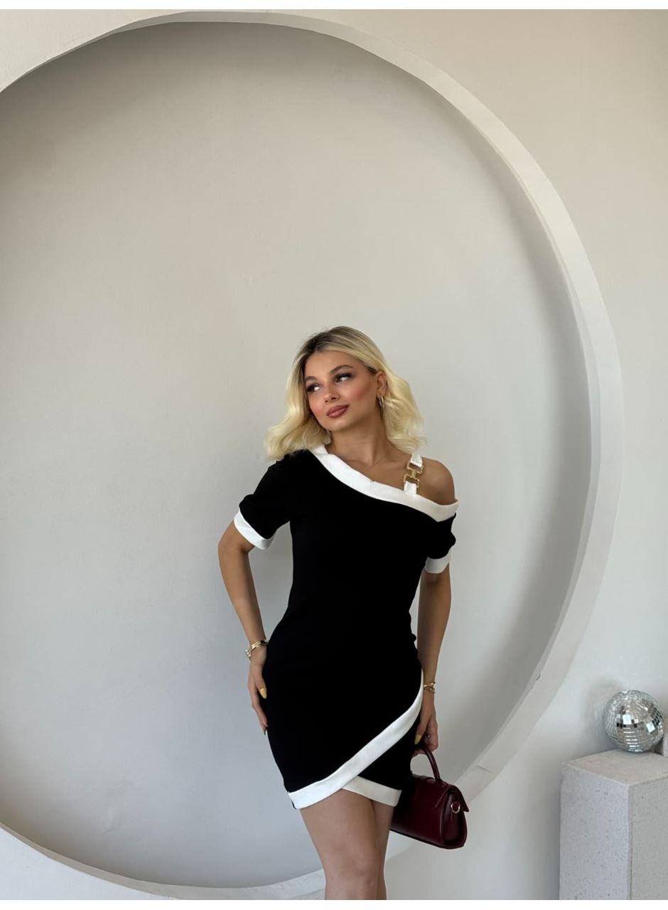 Kadın Kısa Kollu Asimetrik Kesim Yaka şerit Ve Aksesuar Detaylı Modal Elbise