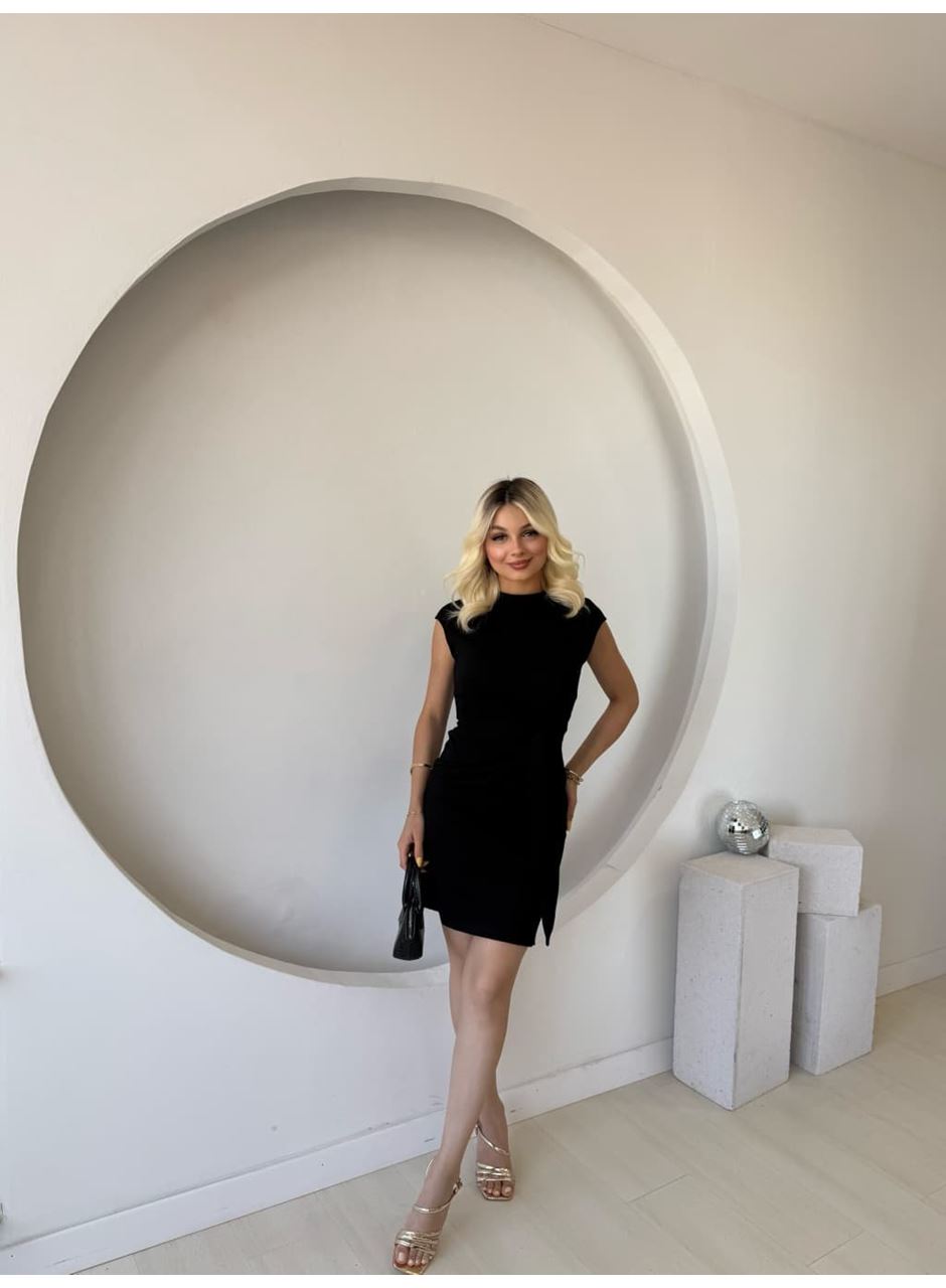 Kadın Kısa Kap Kollu Bisiklet Yaka Belden Bağlamalı Modal Mini Elbise