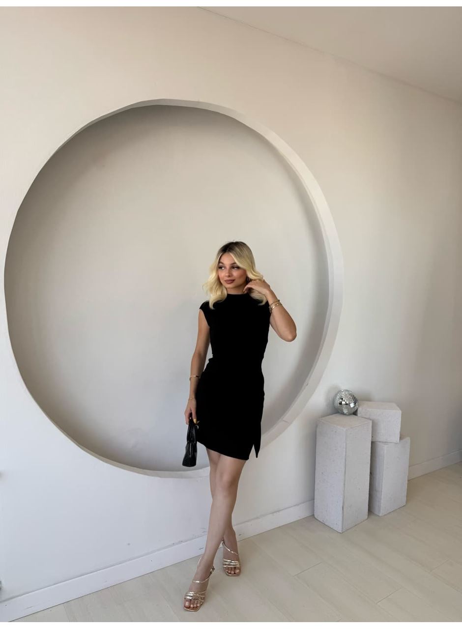 Kadın Kısa Kap Kollu Bisiklet Yaka Belden Bağlamalı Modal Mini Elbise