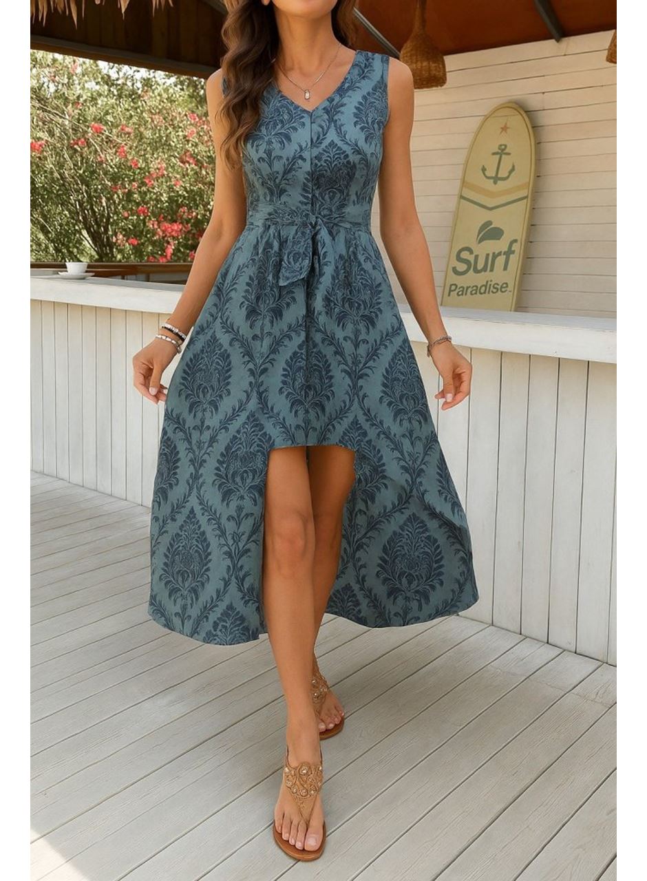 Kadın Kolsuz V Yakalı Desenli Süprem Tulum Elbise