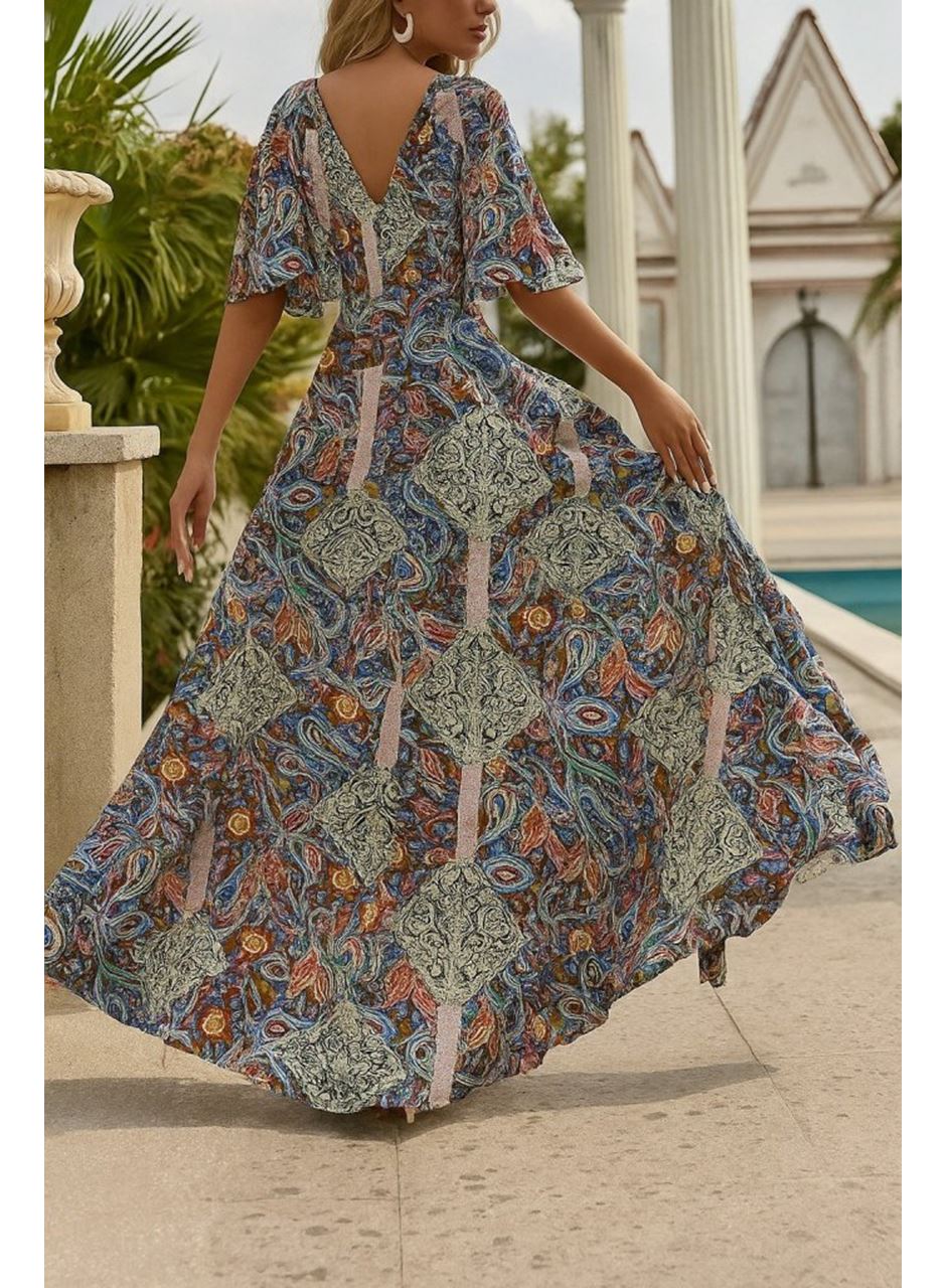 Kadın Kısa Kollu V Yakalı Desenli Süprem Elbise