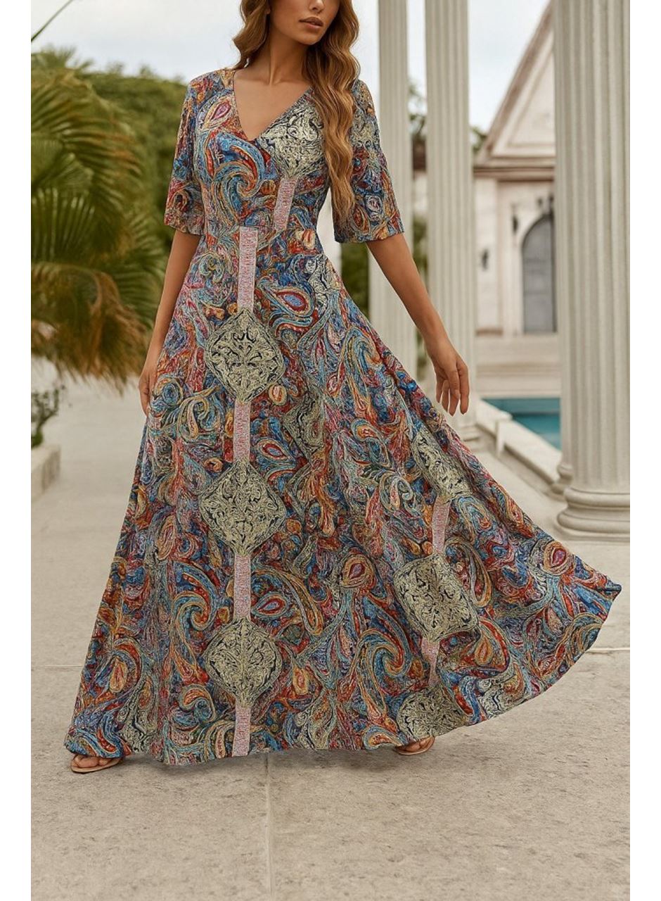 Kadın Kısa Kollu V Yakalı Desenli Süprem Elbise