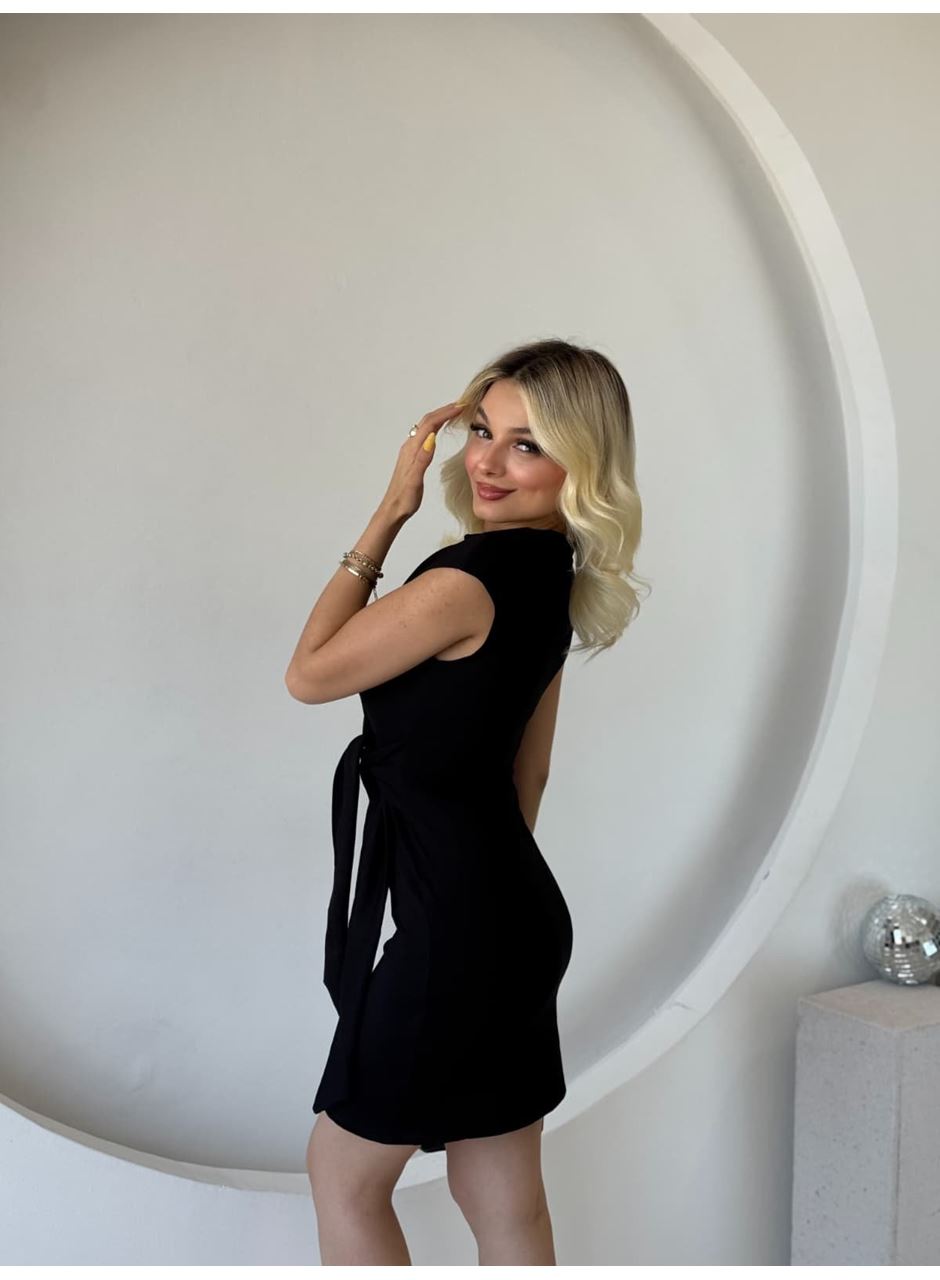 Kadın Kısa Kap Kollu Bisiklet Yaka Belden Bağlamalı Modal Mini Elbise