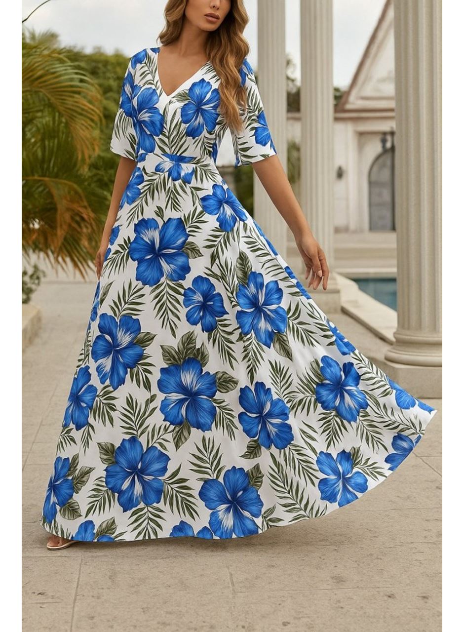 Kadın Kısa Kollu V Yakalı Desenli Süprem Elbise