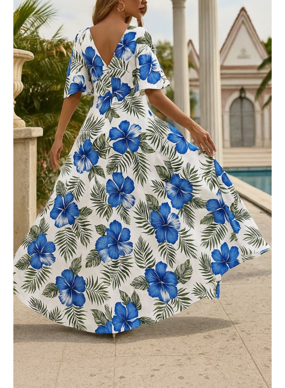 Kadın Kısa Kollu V Yakalı Desenli Süprem Elbise