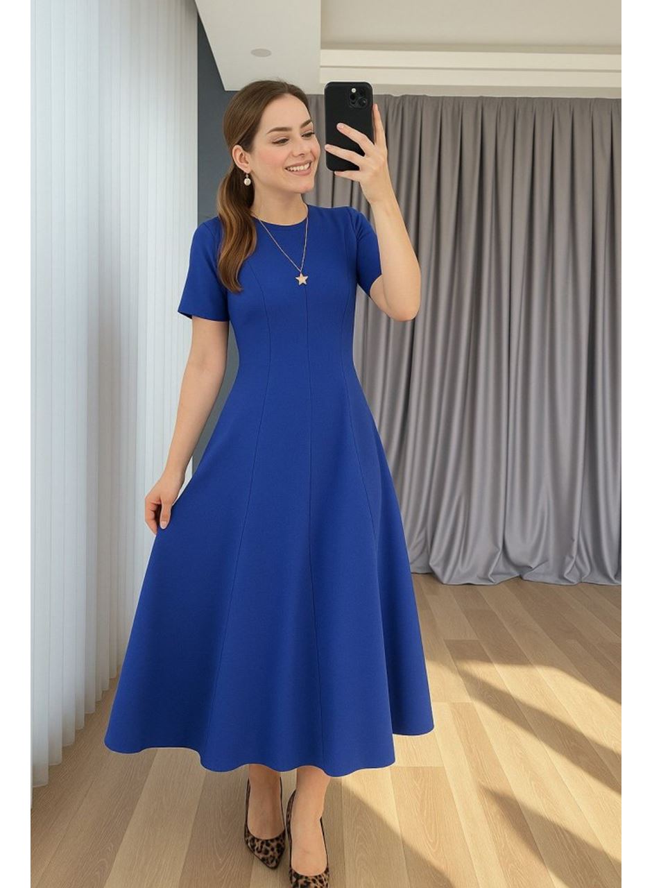 Kadın Kısa Kollu Bisiklet Yaka Maksi Boy Ithal Krep Elbise