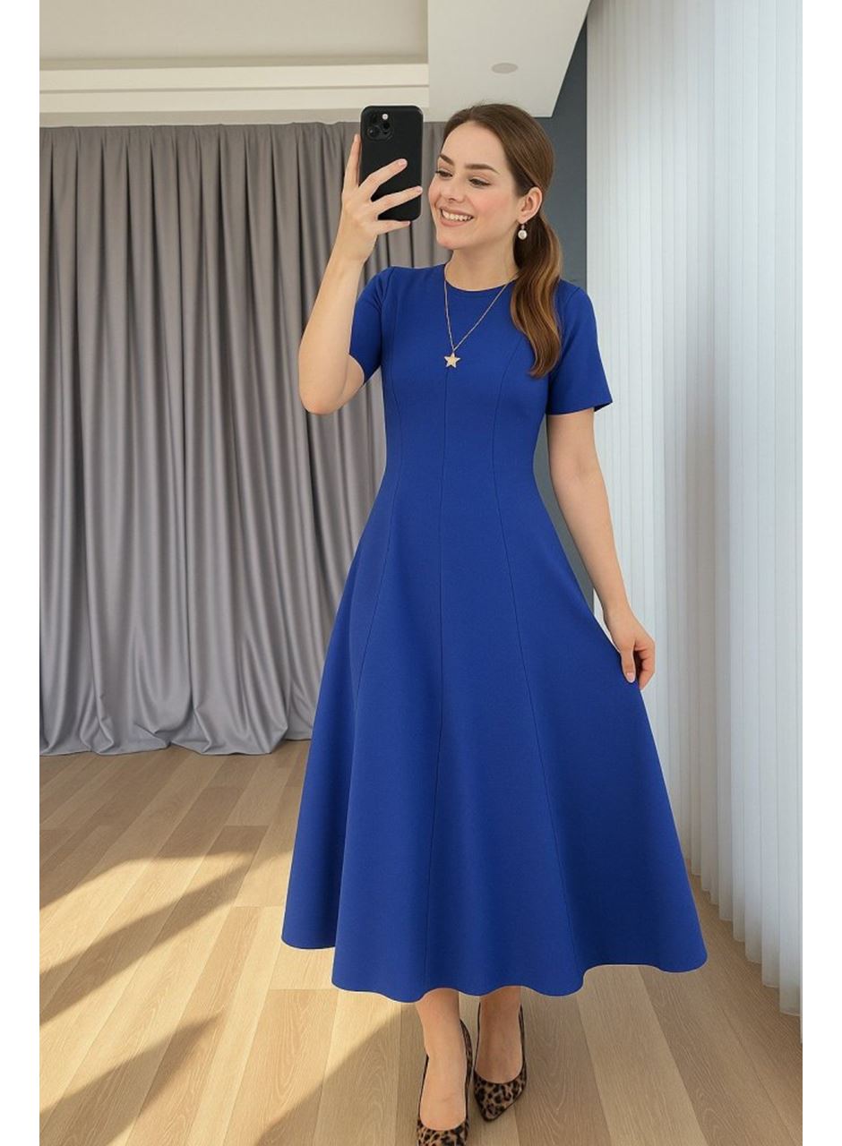 Kadın Kısa Kollu Bisiklet Yaka Maksi Boy Ithal Krep Elbise