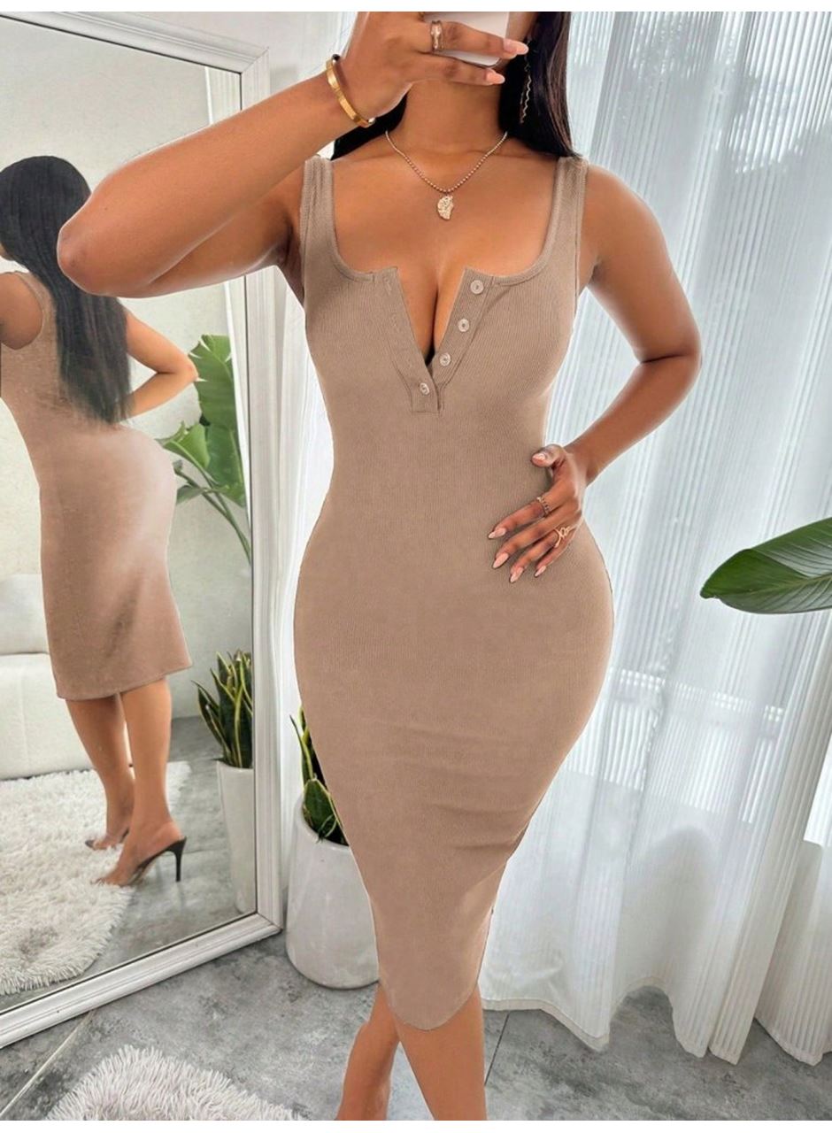 Kadın Askılı önü Düğmeli Midi Kaşkorse Elbise