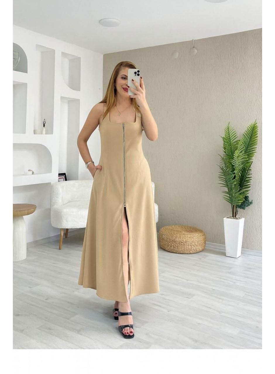 Kadın Askılı Kare Yaka önden Fermuarlı Geniş Kesim Janjan Krep Elbise