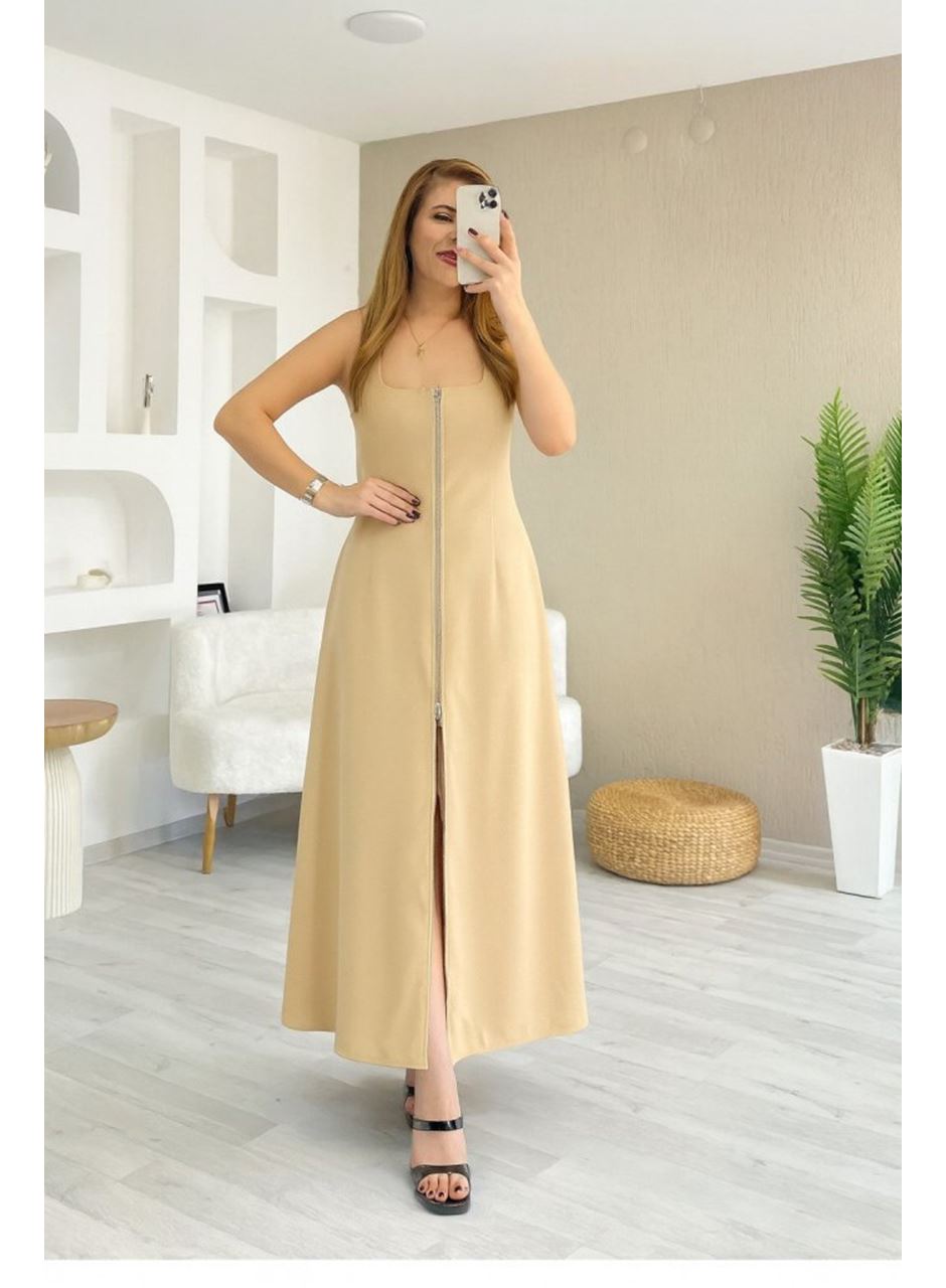 Kadın Askılı Kare Yaka önden Fermuarlı Geniş Kesim Janjan Krep Elbise