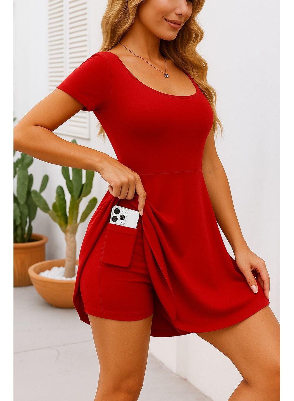 Kadın Kısa Kollu Kare Yaka Short Detaylı Cepli Dalgıç Elbise