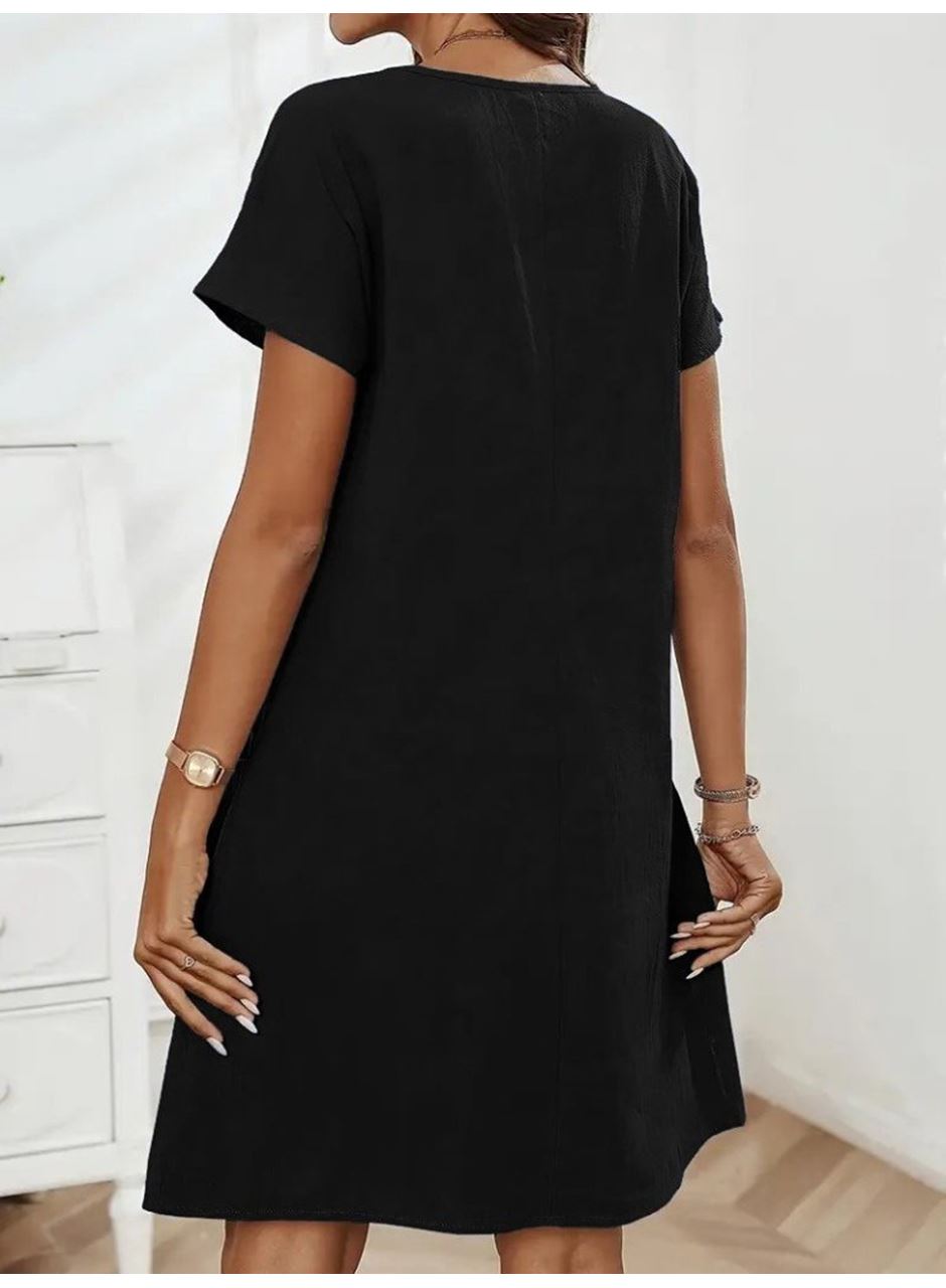 Kadın Kısa Kollu Yakası Açık Fermuarlı Cep Detaylı Ithal Keten Elbise