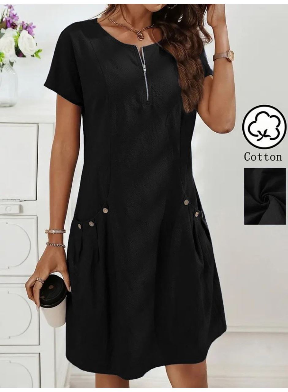Kadın Kısa Kollu Yakası Açık Fermuarlı Cep Detaylı Ithal Keten Elbise