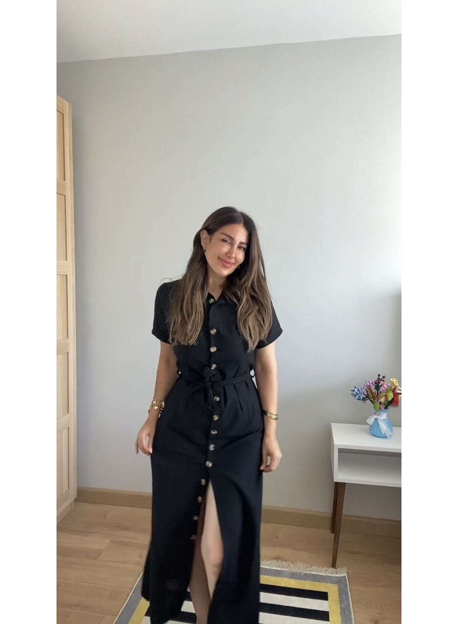 Kadın Kısa Kollu Yakalı önden Düğmeli Beli Kuşaklı Ithal Keten Elbise