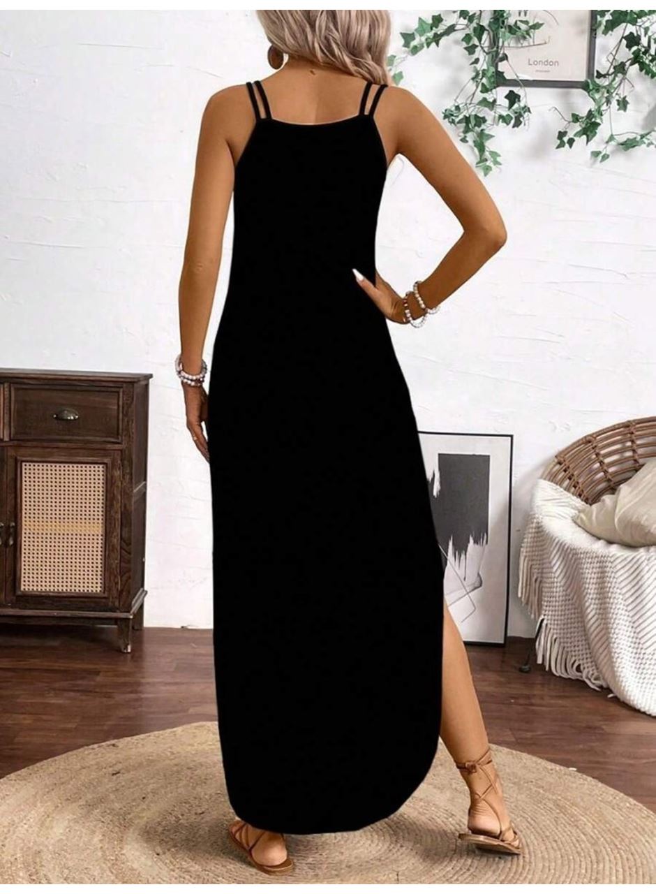 Kadın Askılı Yuvarlak Yaka Asimetrik Detaylı Viskon Elbise