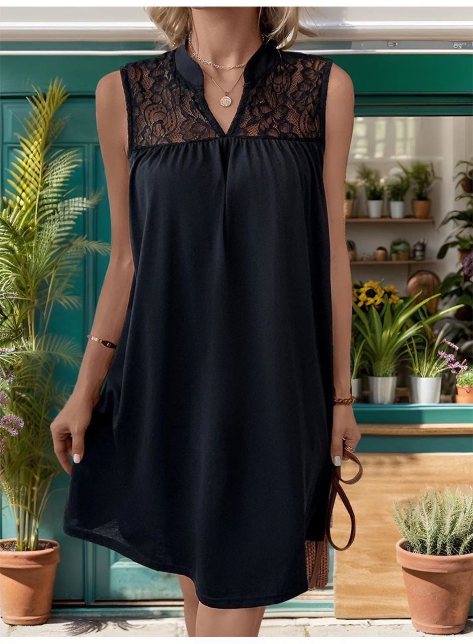 Kadın Kolsuz V Hakim Yaka Dantelli Janjan Krep Elbise