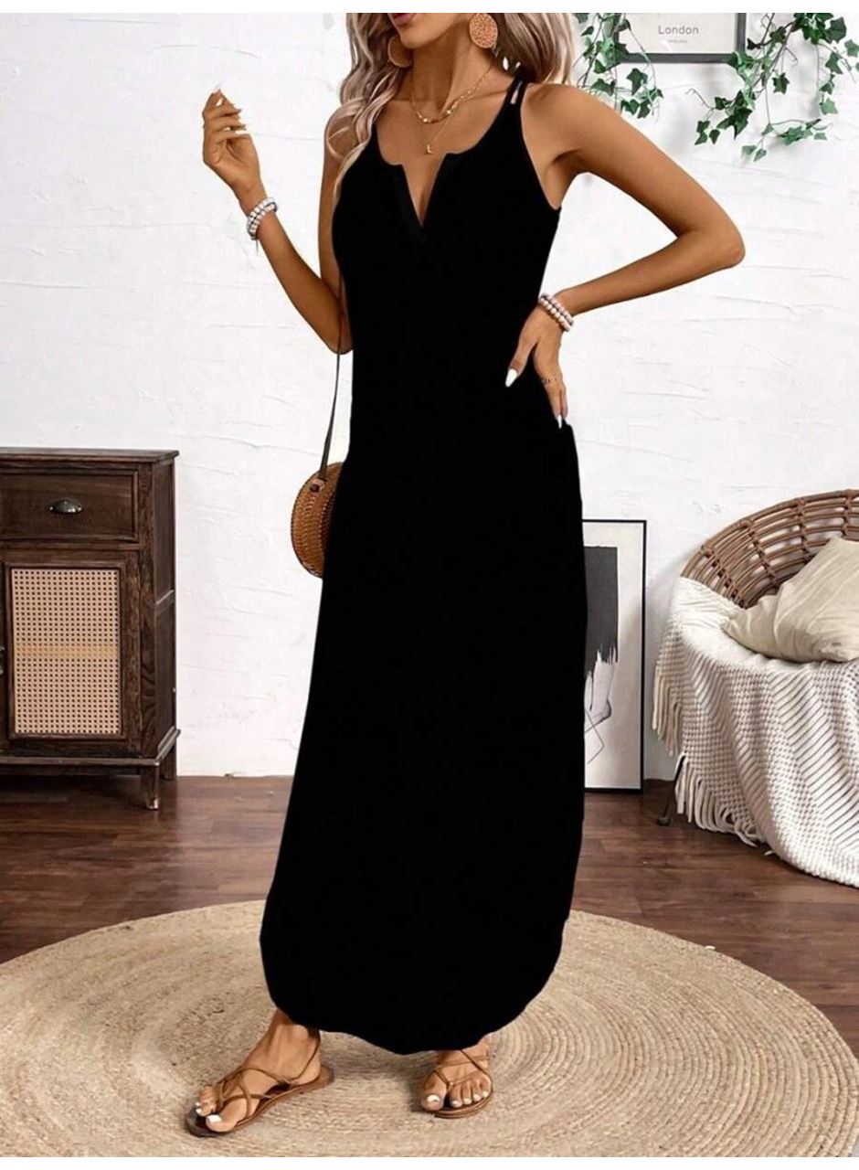 Kadın Askılı Yuvarlak Yaka Asimetrik Detaylı Viskon Elbise