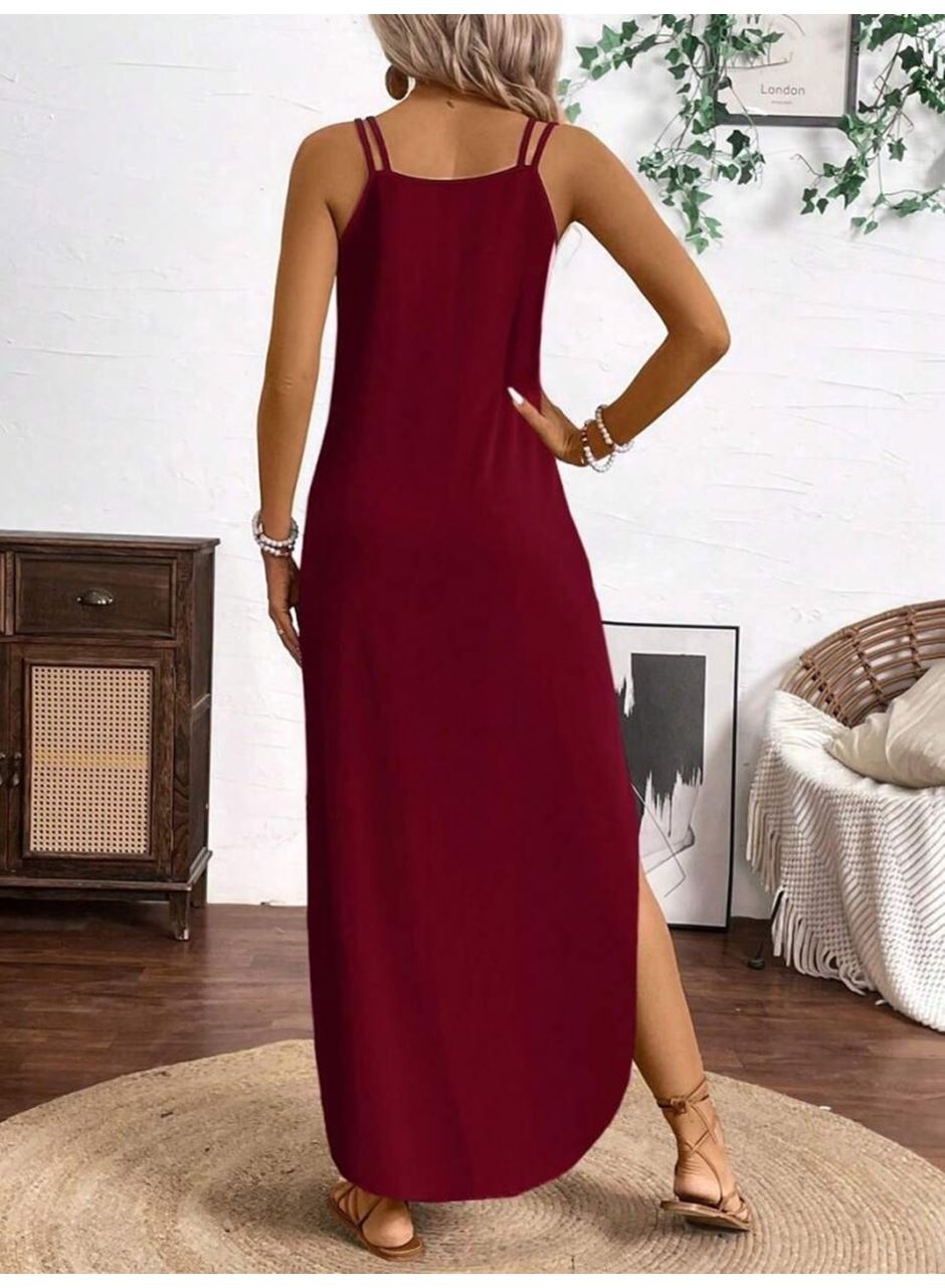 Kadın Askılı Yuvarlak Yaka Asimetrik Detaylı Viskon Elbise