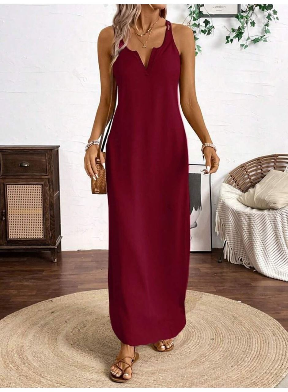 Kadın Askılı Yuvarlak Yaka Asimetrik Detaylı Viskon Elbise