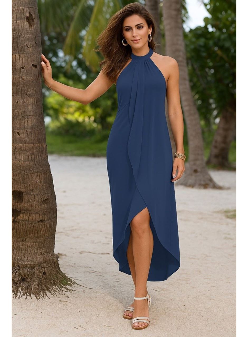 Kadın Omuzlardan Açık Boyundan Geçmeli Asimetrik Kesim Detaylı Viskon Elbise