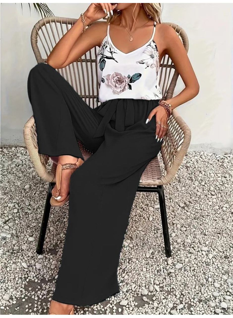 Kadın Ip Askılı V Yakalı Süprem Bluz Ve Aerobin Pantolon Ikili Takım