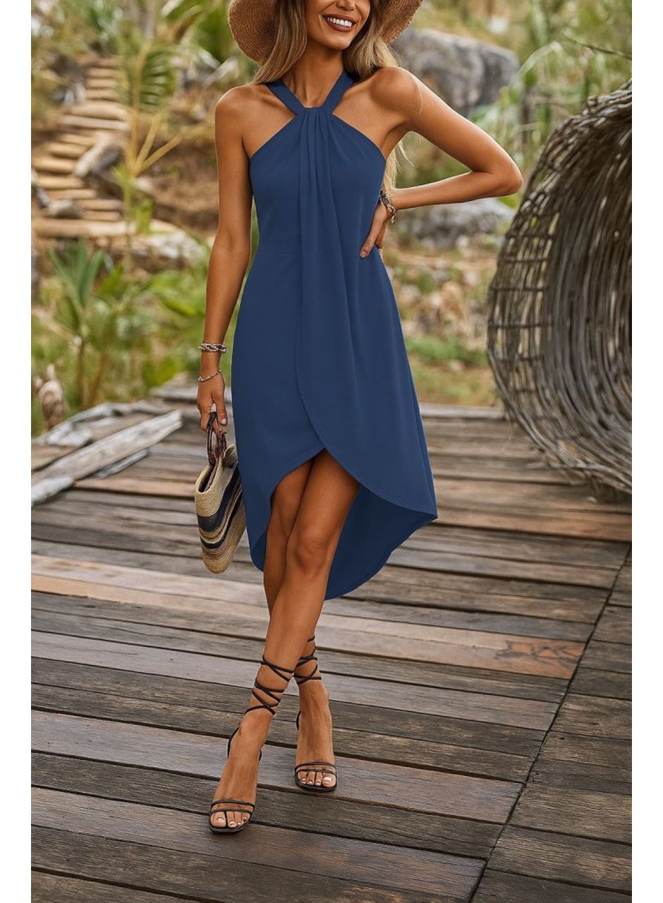 Kadın Omuzlardan Açık Boyundan Geçmeli Asimetrik Kesim Detaylı Viskon Elbise