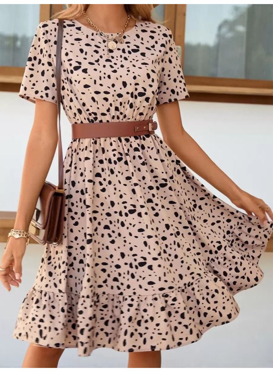 Kadın Kısa Kollu Bisiklet Yaka Desenli Süprem Elbise