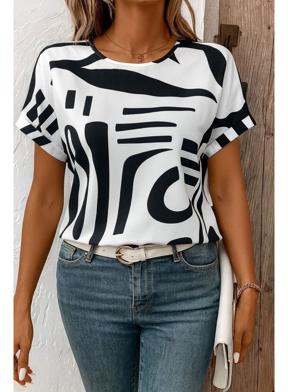 Kadın Kısa Kollu Yuvarlak Yaka Desenli Süprem Bluz