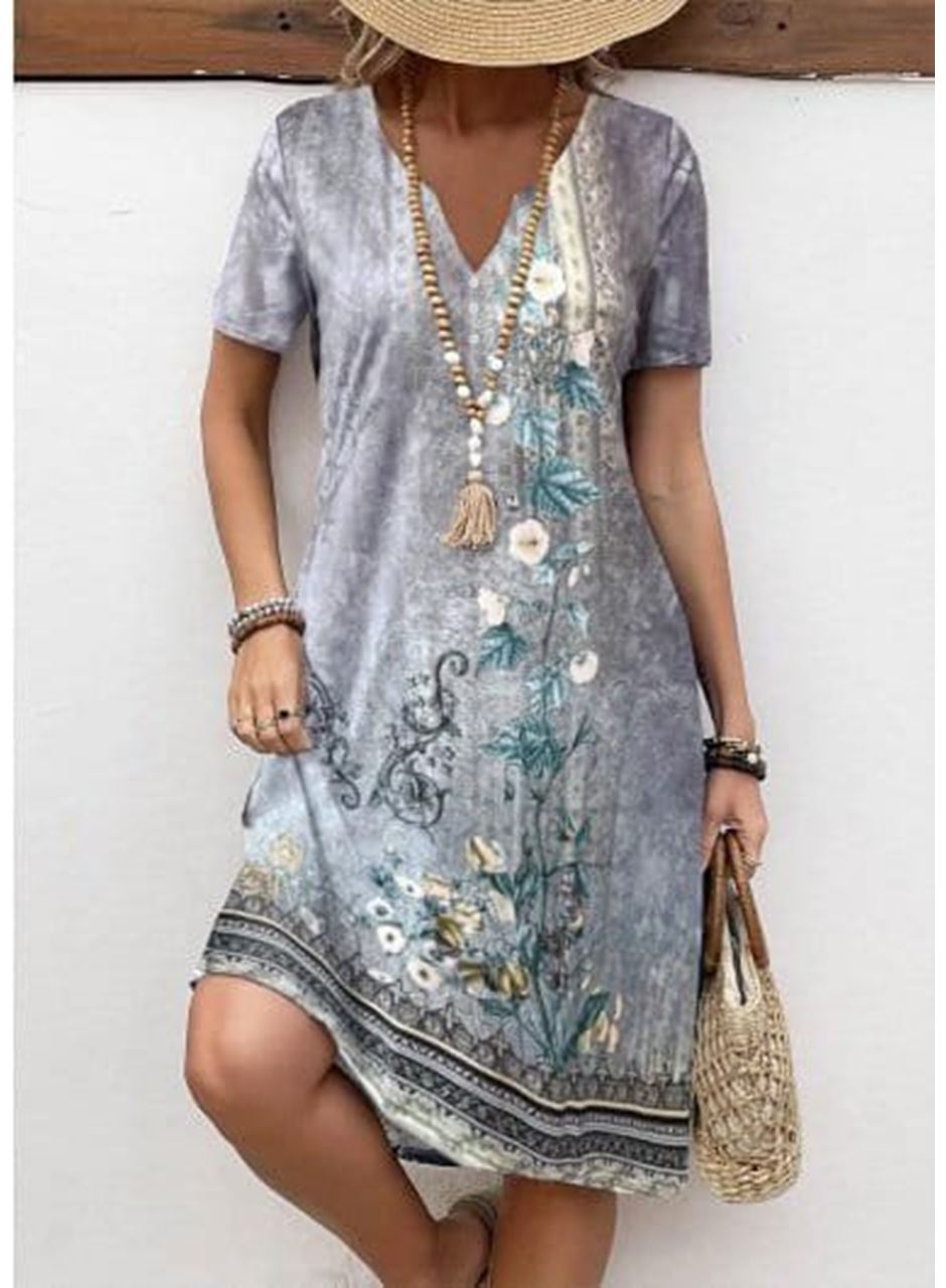 Kadın Kısa Kollu V Yakalı Desenli Süprem Elbise