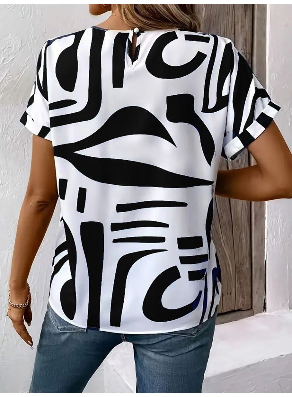 Kadın Kısa Kollu Yuvarlak Yaka Desenli Süprem Bluz