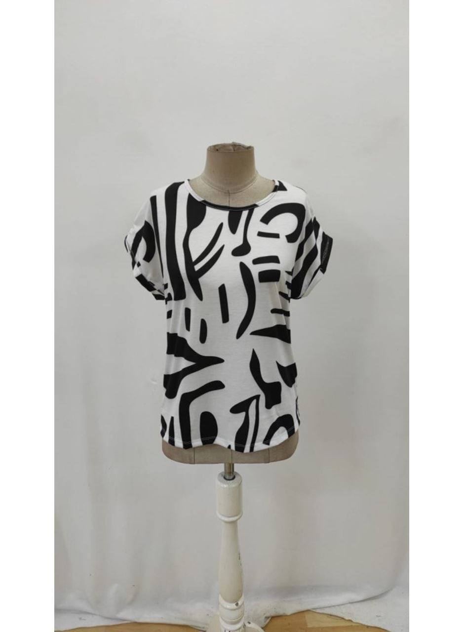 Kadın Kısa Kollu Yuvarlak Yaka Desenli Süprem Bluz