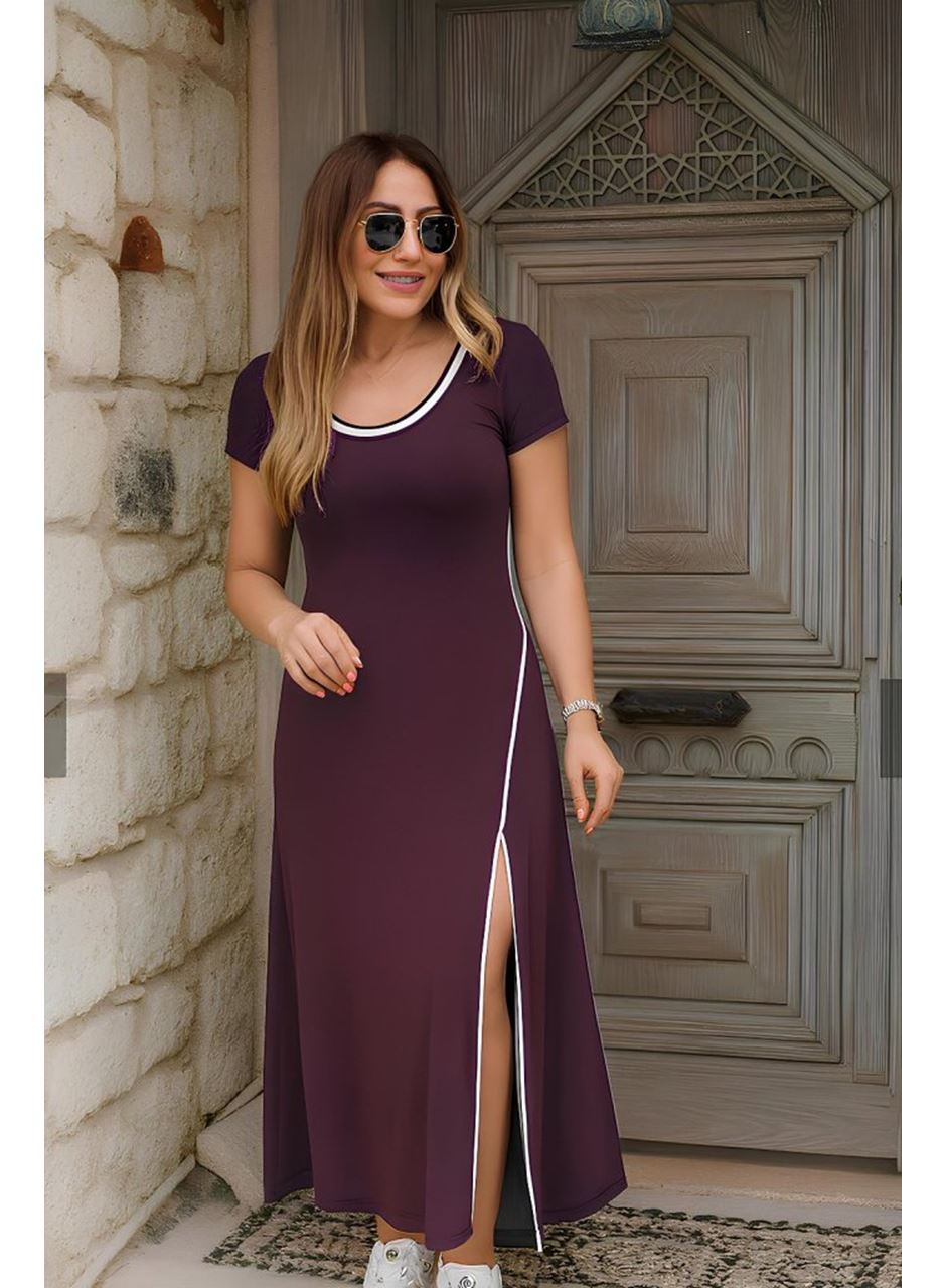 Kadın Kısa Kollu Yuvarlak Yaka Beyaz Yırtmaç Detaylı Viskon Tam Boy Elbise