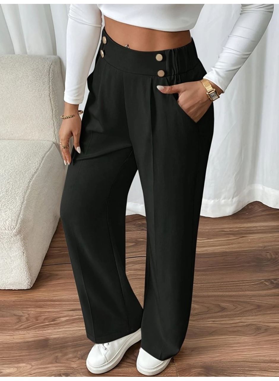 Kadın Beli Lastikli Düğmeli Ithal Krep Pantolon