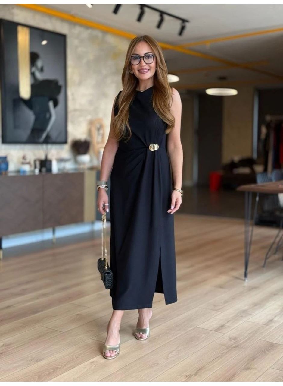 Kadın Sıfır Kollu Bisiklet Yaka Belden Büzgülü Yırtmaç Detaylı Janjan Krep Elbise