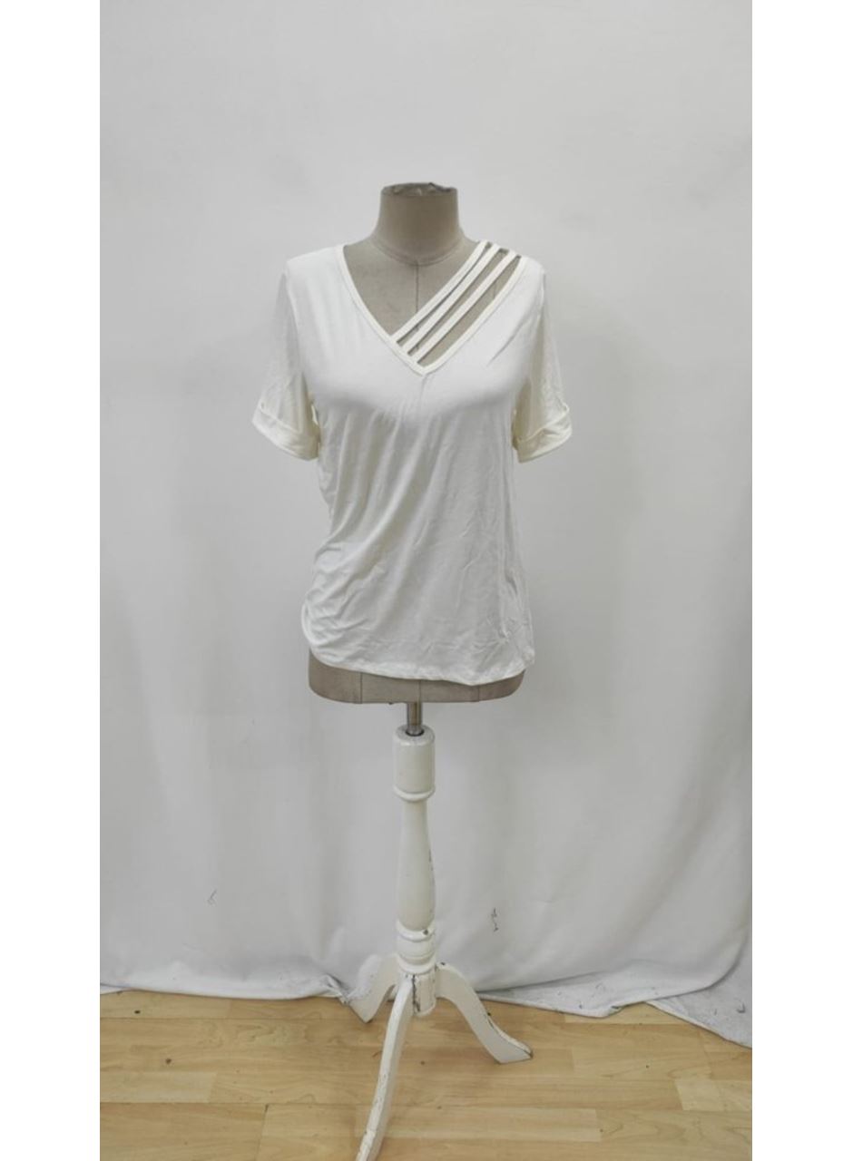 Kadın Kısa Kollu V Yakalı şerit Detaylı Viskon Bluz