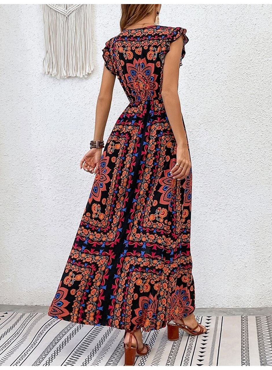 Kadın Kısa Kollu V Yakalı Deseni Yırtmaçlı Süprem Elbise