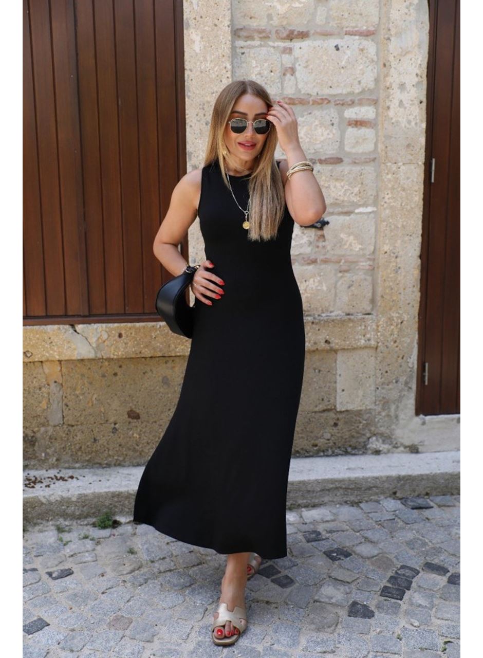 Kadın Kolsuz Sırttan çapraz Ip Detaylı Uzun Viskon Elbise