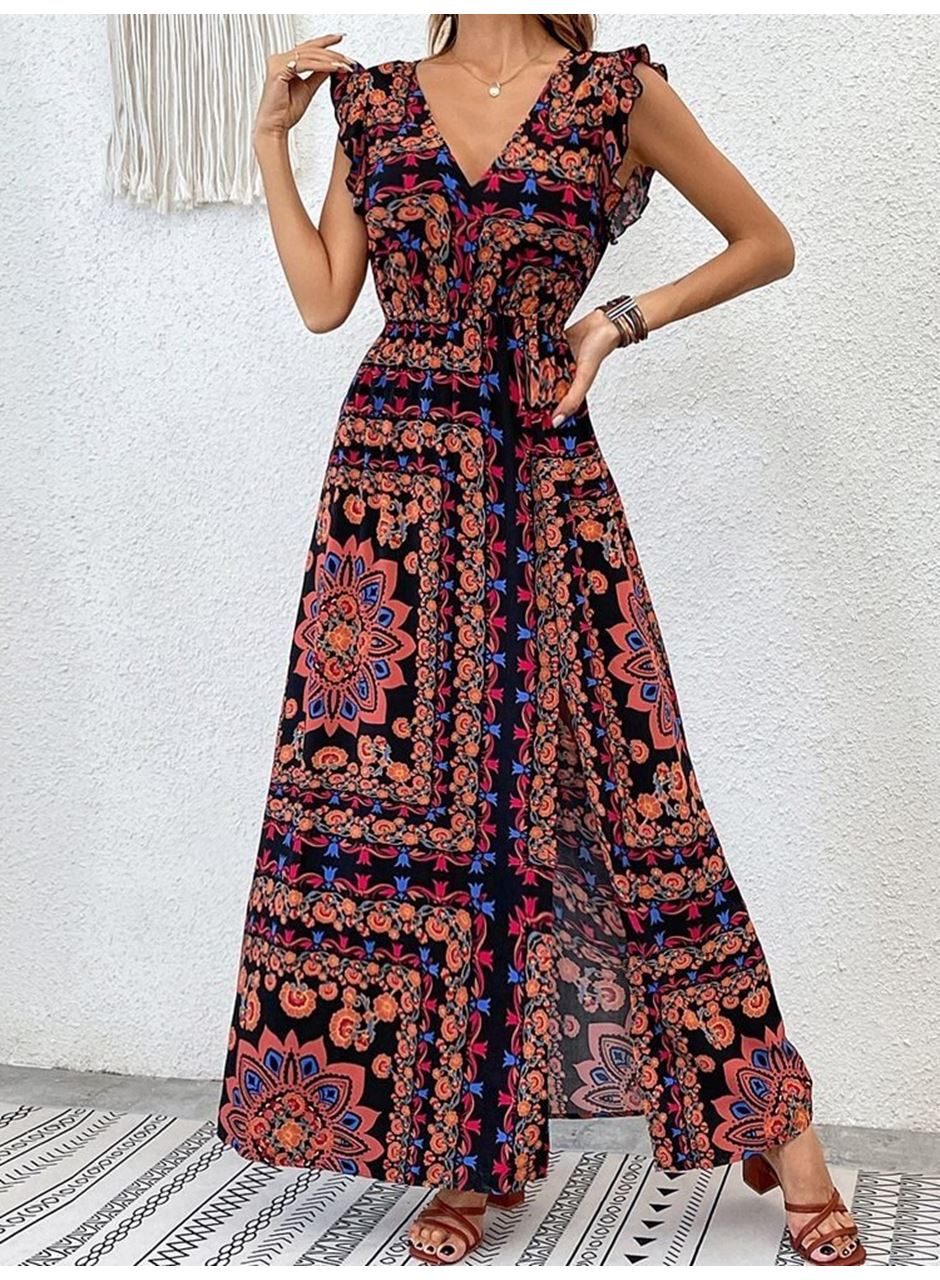 Kadın Kısa Kollu V Yakalı Deseni Yırtmaçlı Süprem Elbise