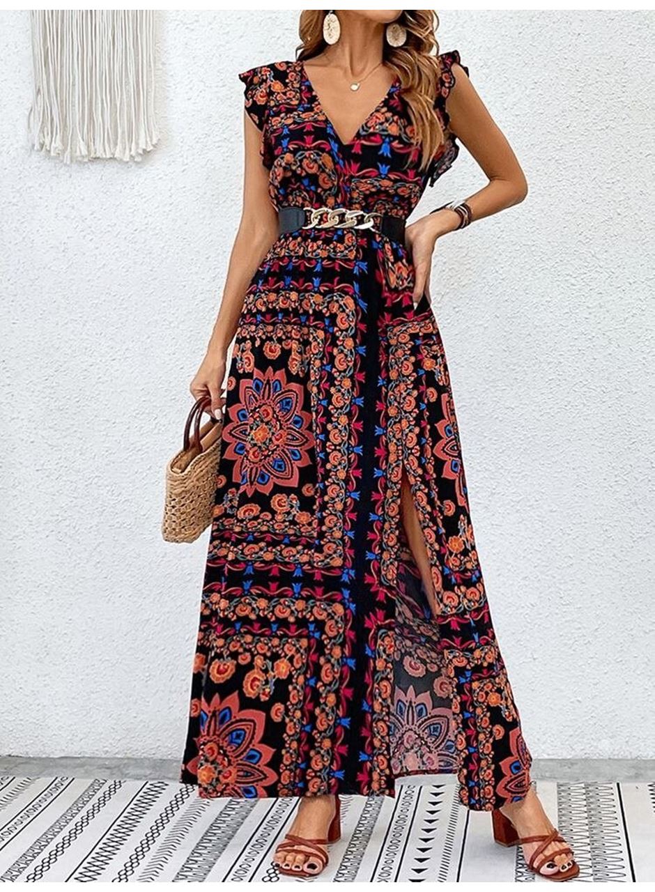 Kadın Kısa Kollu V Yakalı Deseni Yırtmaçlı Süprem Elbise