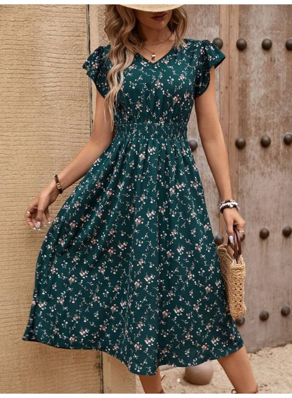 Kadın Kısa Kollu V Yakalı Beli Lastikli çiçek Desenli Süprem Elbise