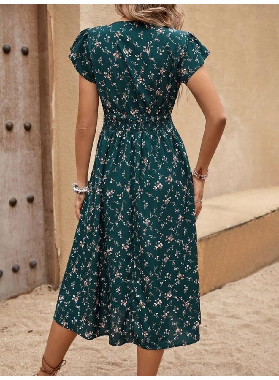 Kadın Kısa Kollu V Yakalı Beli Lastikli çiçek Desenli Süprem Elbise