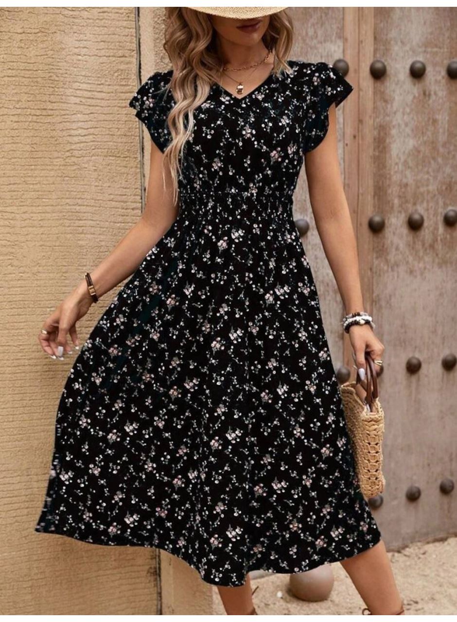 Kadın Kısa Kollu V Yakalı Beli Lastikli çiçek Desenli Süprem Elbise