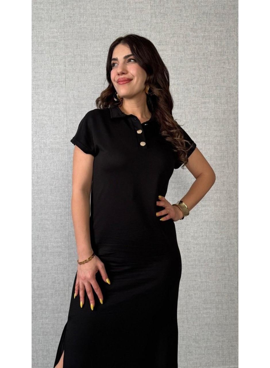 Kadın Kısa Kollu Yakalı Yandan Yırtmaçlı Viskon Iki Iplik Elbise