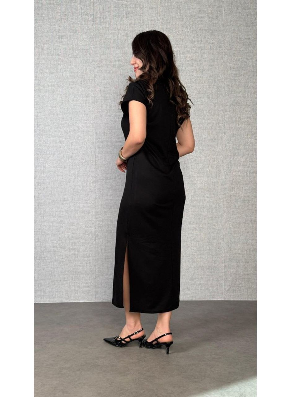 Kadın Kısa Kollu Yakalı Yandan Yırtmaçlı Viskon Iki Iplik Elbise