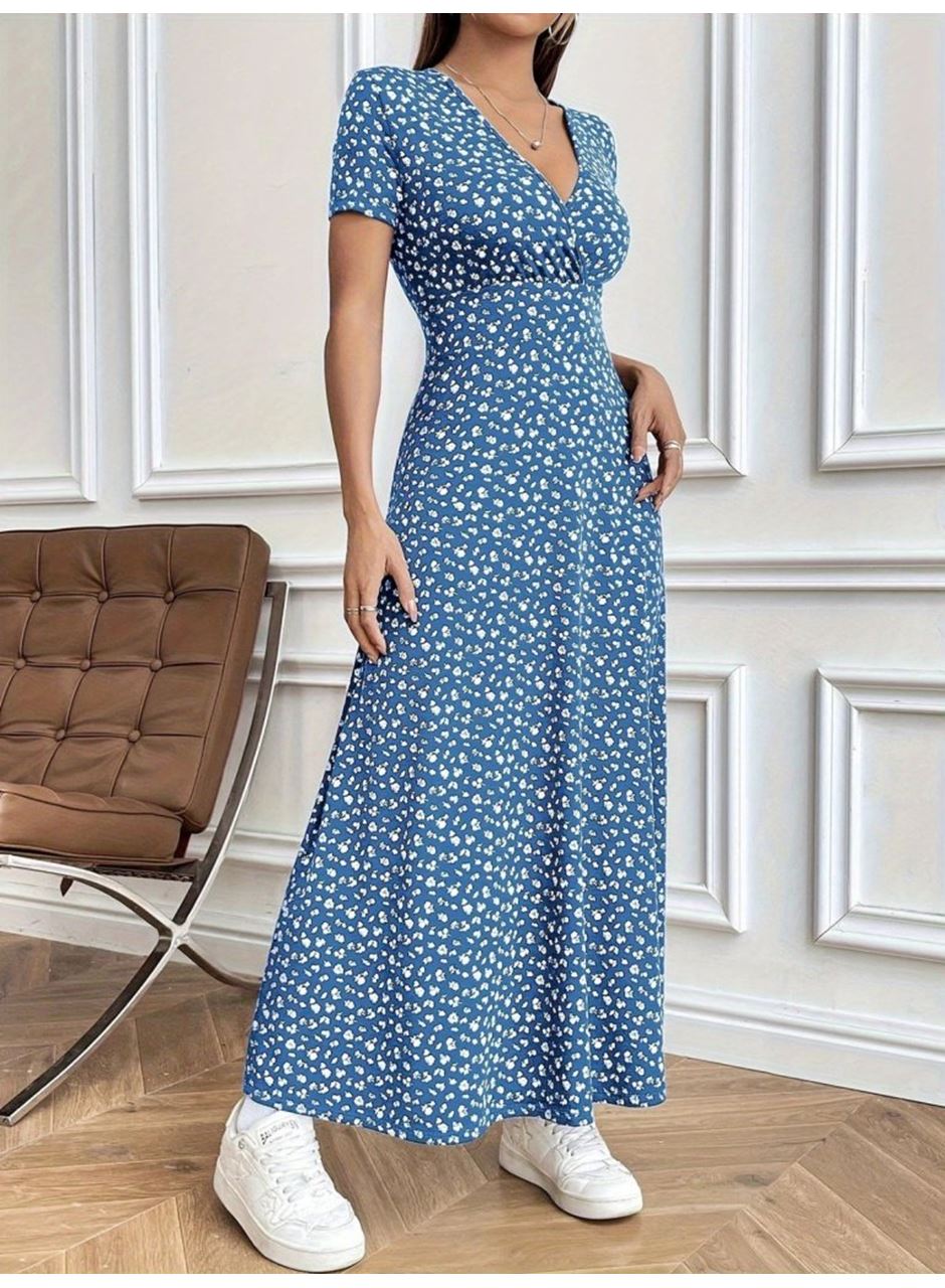 Kadın Kısa Kollu Kruvaze Yakalı çiçek Desenli Süprem Elbise