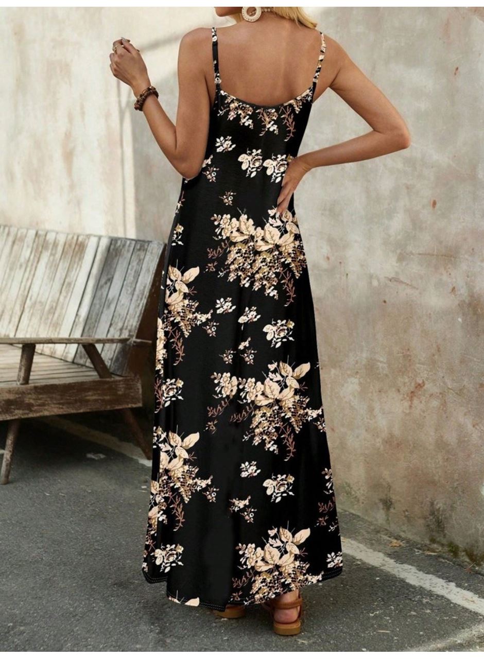 Kadın Ip Askılı V Yakalı çiçek Desenli Süprem Elbise